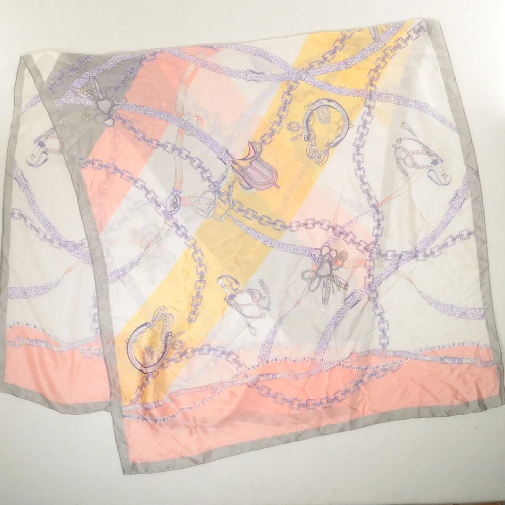 Vtg Scarf Wrap Equestrian Chain Belt Luxury Print Pink Silk Feeling Coastal